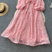 Spring Autumn French High-end Women's Dress New Lace Embroidery Glitter Lantern Sleeve Single Breasted Party Birthday Dress