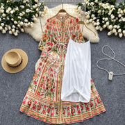 High quality bohemian style loose floral chiffon dress with long sleeves and bow print