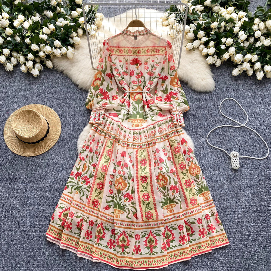 High quality bohemian style loose floral chiffon dress with long sleeves and bow print