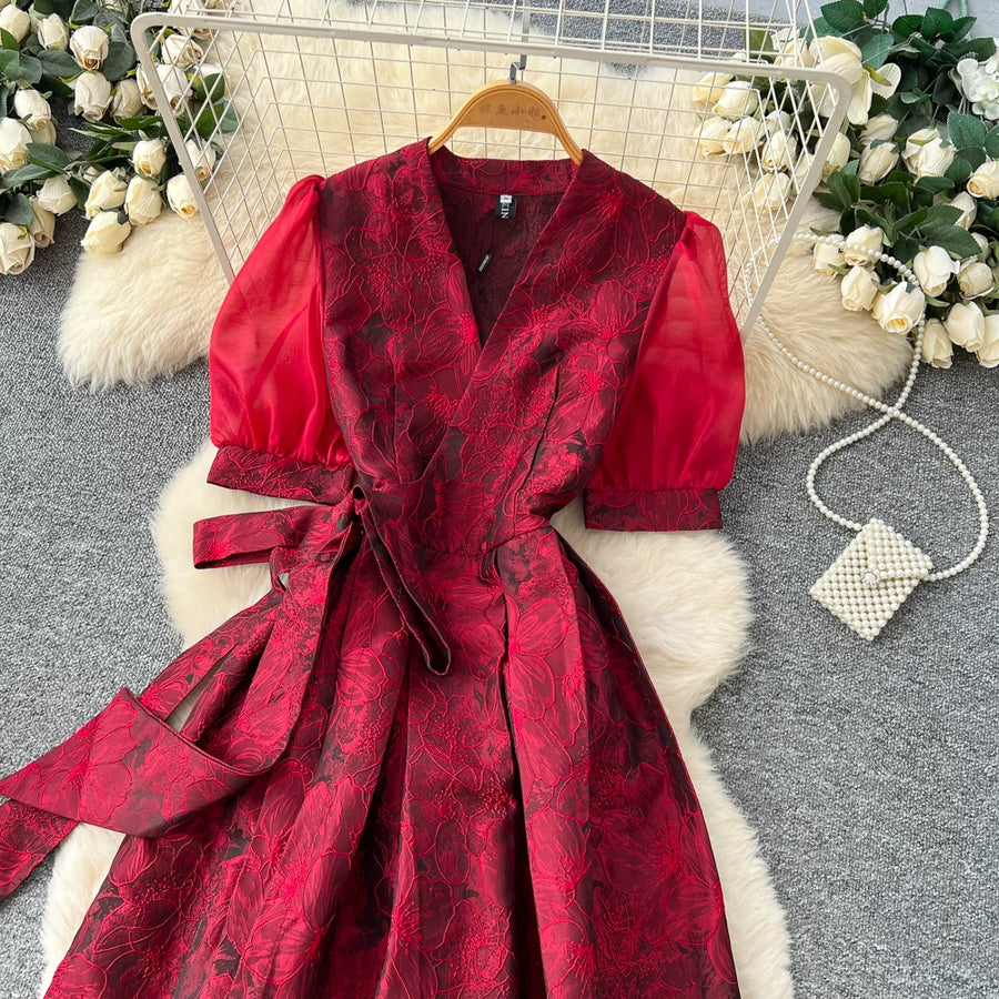 Summer Bohemian Jacquard Flower Long Dress Women V-Neck Short Puff Sleeve Vintage Print Bandage Lace Up Robe Vestidos Clothes