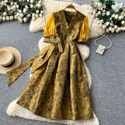 Summer Bohemian Jacquard Flower Long Dress Women V-Neck Short Puff Sleeve Vintage Print Bandage Lace Up Robe Vestidos Clothes