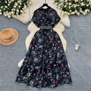 French vintage floral print lapel dress short sleeve high waist belt high quality
