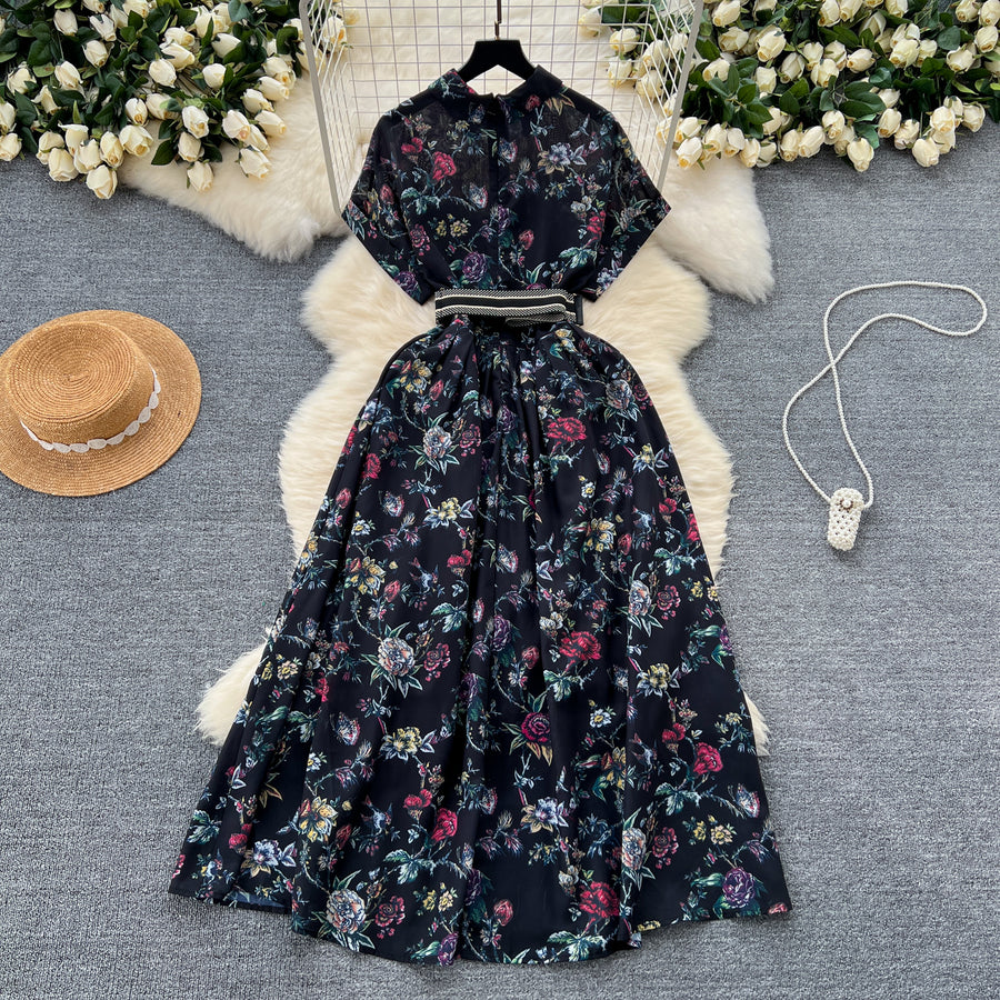 French vintage floral print lapel dress short sleeve high waist belt high quality