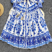 High quality bohemian style loose floral chiffon dress with long sleeves and bow print