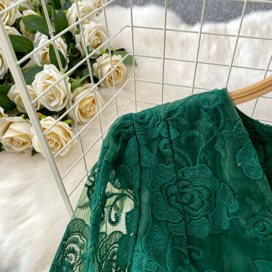 Embroidery Mesh 2 Pieces Set Women Hollow Out Sashes Shirt Tops + Elastic Waist A-Line Long Skirts Suit Autumn Ladies Outfit