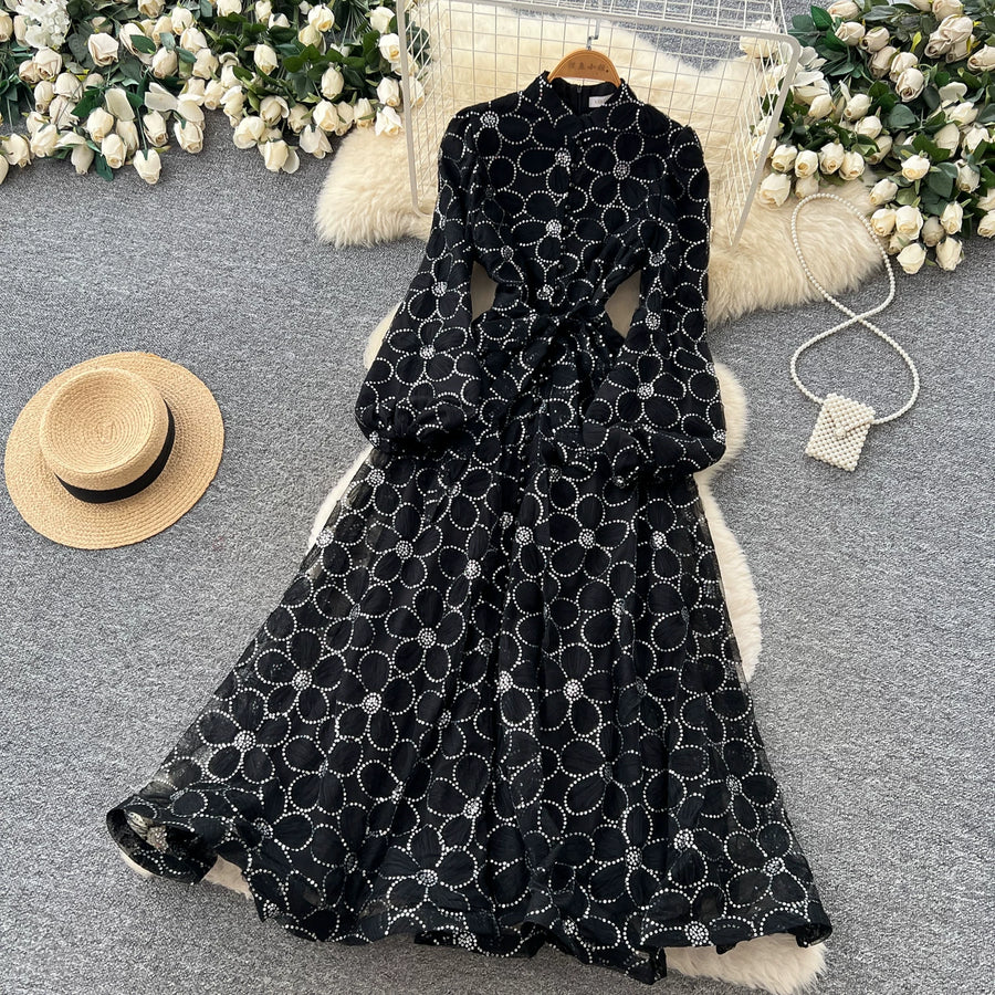 Spring Autumn French High-end Women's Dress New Lace Embroidery Glitter Lantern Sleeve Single Breasted Party Birthday Dress