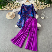Loose Fit Miyake Style Pleated Matching Suit Women Oversized Bat Sleeve Drawstring Print Tunic + Pleated Wide Leg Pants Set