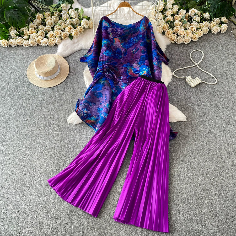 Loose Fit Miyake Style Pleated Matching Suit Women Oversized Bat Sleeve Drawstring Print Tunic + Pleated Wide Leg Pants Set