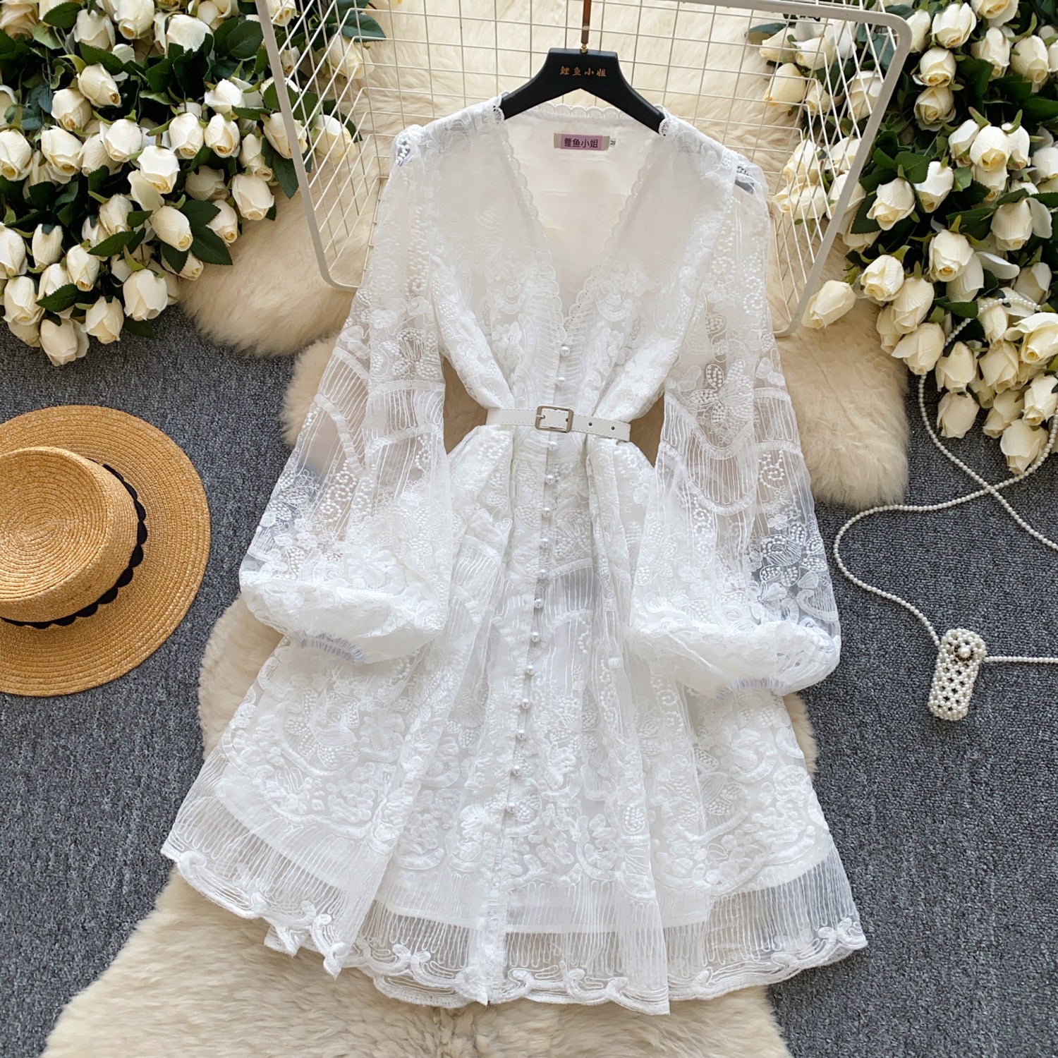 Luxury French White Lace Dress Mesh Stitching, Pearl Buttons, High Quality Belt White / XL Luxury French White Lace Dress Mesh Stitching, Pearl Buttons, High Quality Belt White / XL