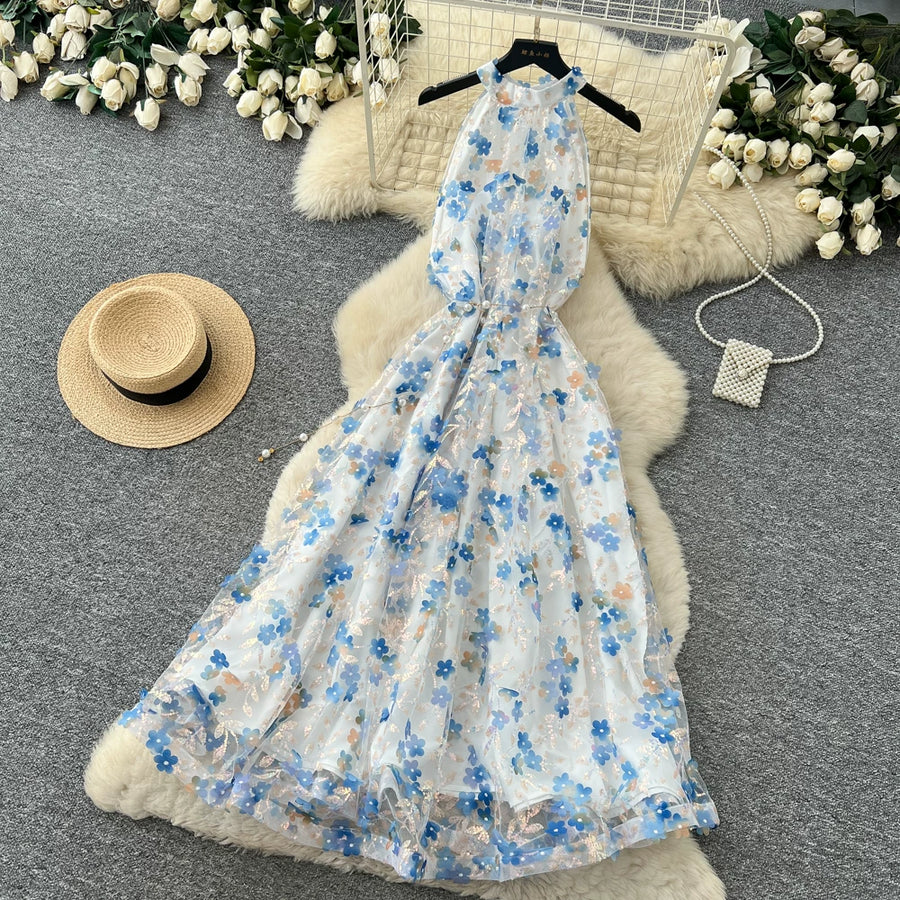 Summer Women's Halter Sleeveless Holiday Dress Luxury Sequins Beading 3D Embroidery Flower Elegant Pearl Belt Party Vestidos
