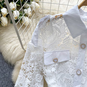 Lace openwork dress with flower embroidery and hook long sleeves, buttons with turn-down collar with high-quality belt