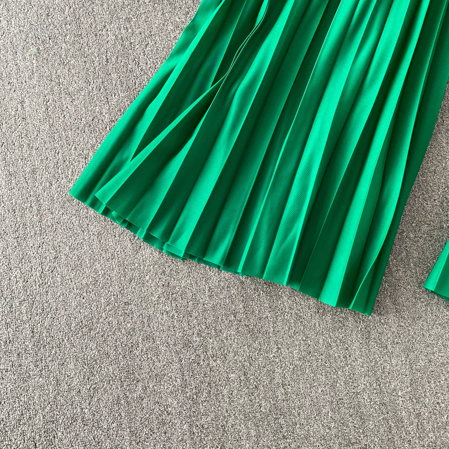 Loose Fit Miyake Style Pleated Matching Suit Women Oversized Bat Sleeve Drawstring Print Tunic + Pleated Wide Leg Pants Set