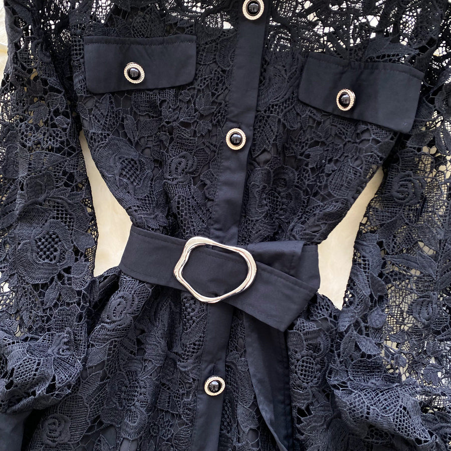 Lace openwork dress with flower embroidery and hook long sleeves, buttons with turn-down collar with high-quality belt