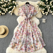 High quality vintage short sleeve printed dresses with belt