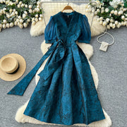 Summer Bohemian Jacquard Flower Long Dress Women V-Neck Short Puff Sleeve Vintage Print Bandage Lace Up Robe Vestidos Clothes