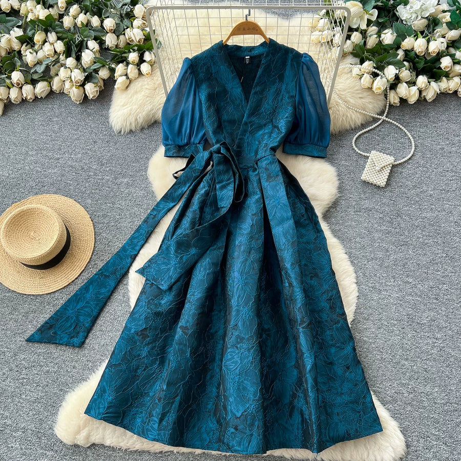 Summer Bohemian Jacquard Flower Long Dress Women V-Neck Short Puff Sleeve Vintage Print Bandage Lace Up Robe Vestidos Clothes