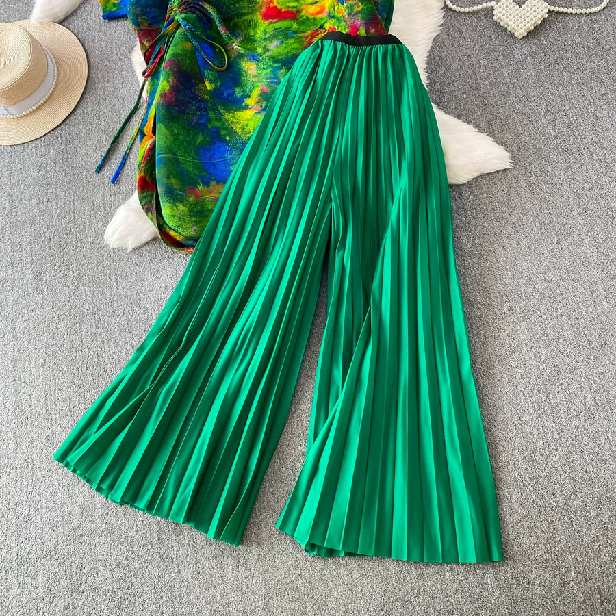 Loose Fit Miyake Style Pleated Matching Suit Women Oversized Bat Sleeve Drawstring Print Tunic + Pleated Wide Leg Pants Set