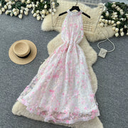Summer Women's Halter Sleeveless Holiday Dress Luxury Sequins Beading 3D Embroidery Flower Elegant Pearl Belt Party Vestidos