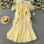 Fashion Women's Embroidery Dresses Stand Collar High Waist Lantern Sleeve Lace Spliced Long Sleeve Elegant Dress Female