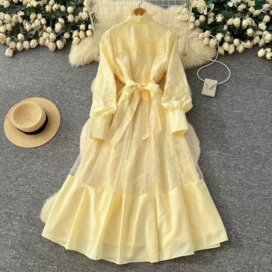 Fashion Women's Embroidery Dresses Stand Collar High Waist Lantern Sleeve Lace Spliced Long Sleeve Elegant Dress Female