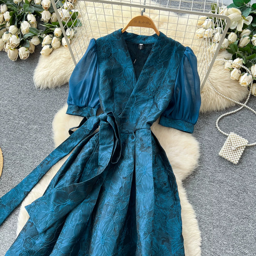 Summer Bohemian Jacquard Flower Long Dress Women V-Neck Short Puff Sleeve Vintage Print Bandage Lace Up Robe Vestidos Clothes