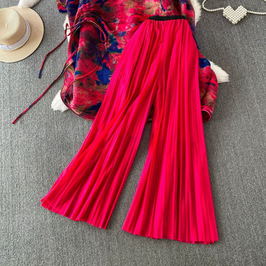 Loose Fit Miyake Style Pleated Matching Suit Women Oversized Bat Sleeve Drawstring Print Tunic + Pleated Wide Leg Pants Set