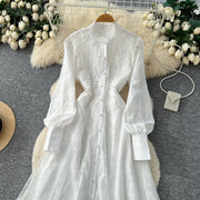 Fashion Women's Embroidery Dresses Stand Collar High Waist Lantern Sleeve Lace Spliced Long Sleeve Elegant Dress Female
