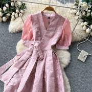 Summer Bohemian Jacquard Flower Long Dress Women V-Neck Short Puff Sleeve Vintage Print Bandage Lace Up Robe Vestidos Clothes