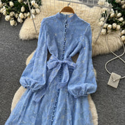 Spring Autumn French High-end Women's Dress New Lace Embroidery Glitter Lantern Sleeve Single Breasted Party Birthday Dress