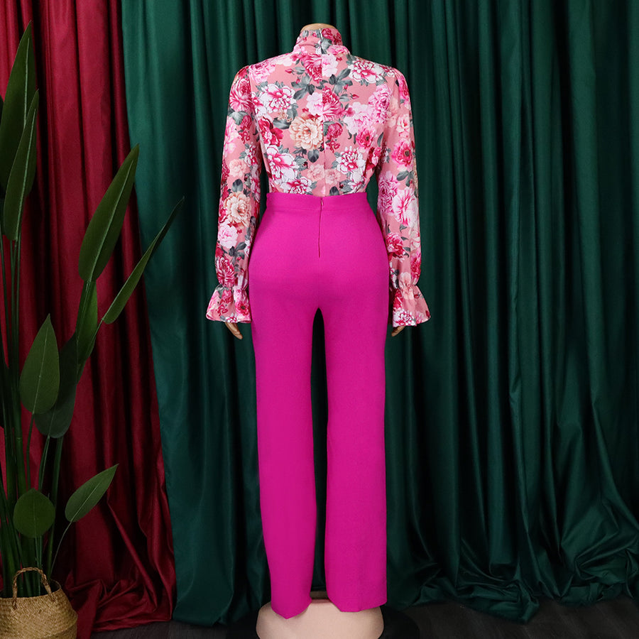 Two Piece Set Printed Blouse, High Waist Pants High Quality