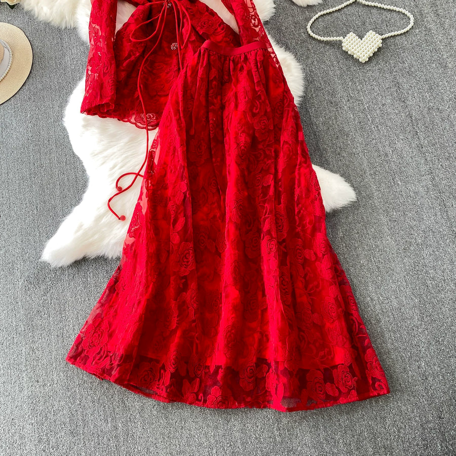 Embroidery Mesh 2 Pieces Set Women Hollow Out Sashes Shirt Tops + Elastic Waist A-Line Long Skirts Suit Autumn Ladies Outfit