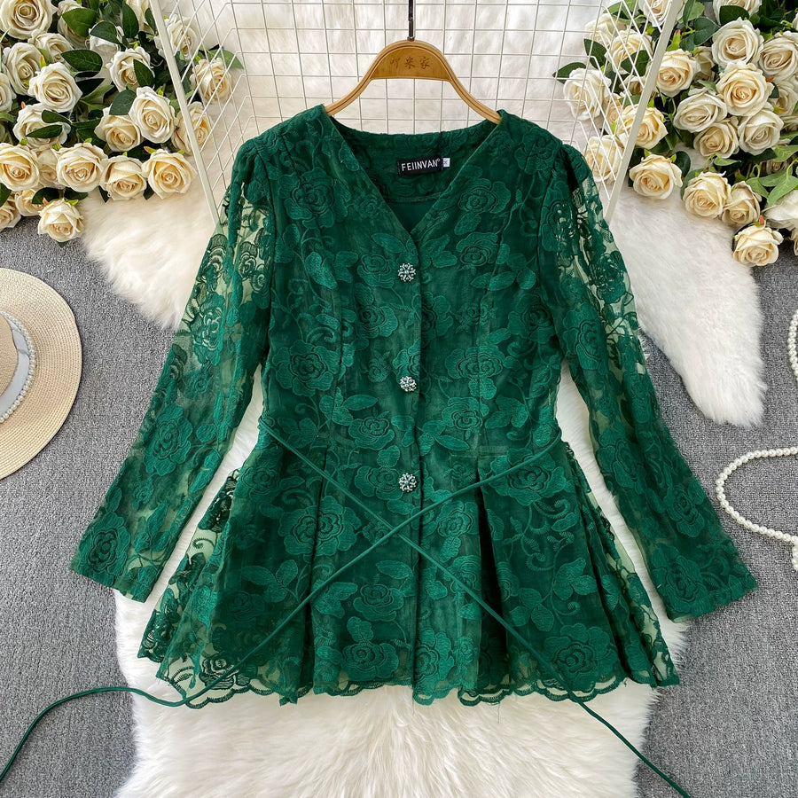 Embroidery Mesh 2 Pieces Set Women Hollow Out Sashes Shirt Tops + Elastic Waist A-Line Long Skirts Suit Autumn Ladies Outfit