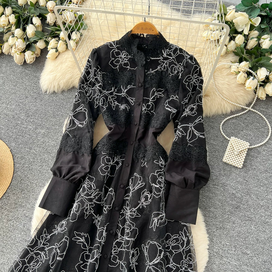 Fashion Women's Embroidery Dresses Stand Collar High Waist Lantern Sleeve Lace Spliced Long Sleeve Elegant Dress Female