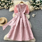 Summer Bohemian Jacquard Flower Long Dress Women V-Neck Short Puff Sleeve Vintage Print Bandage Lace Up Robe Vestidos Clothes