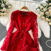 Embroidery Mesh 2 Pieces Set Women Hollow Out Sashes Shirt Tops + Elastic Waist A-Line Long Skirts Suit Autumn Ladies Outfit