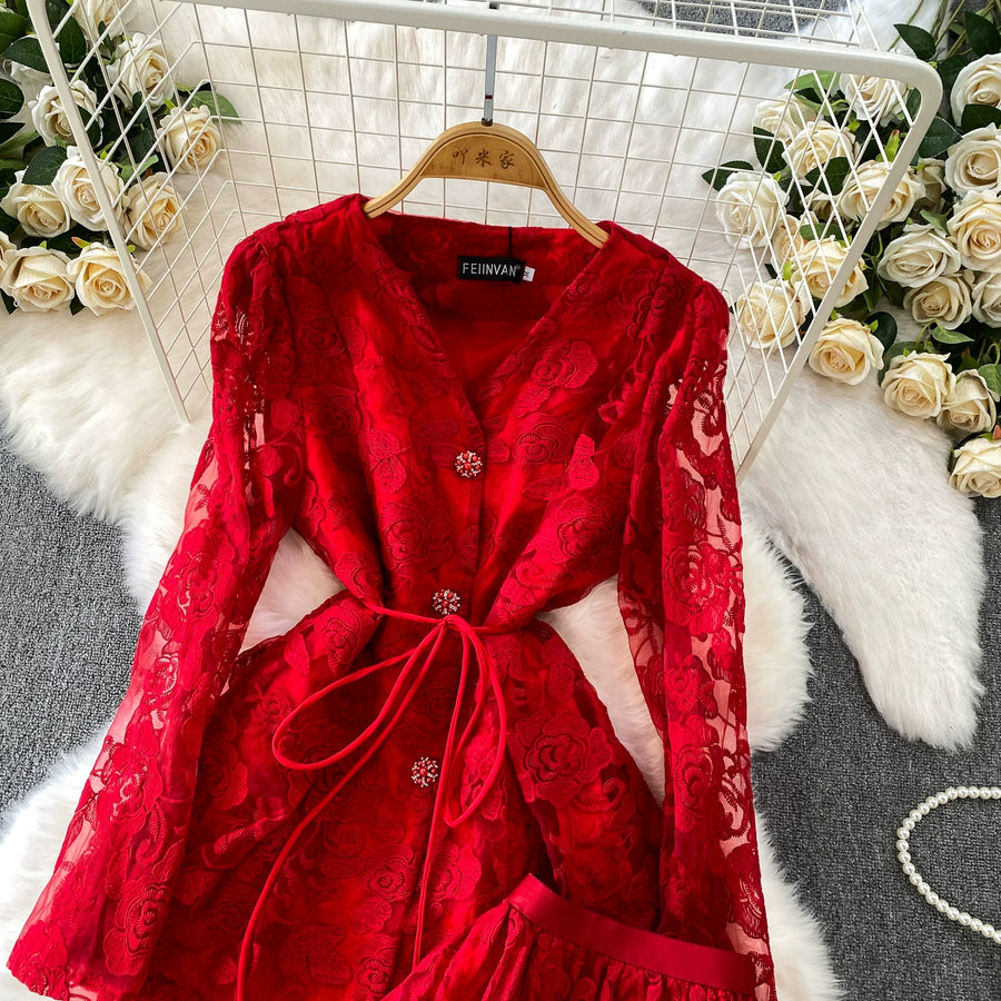 Embroidery Mesh 2 Pieces Set Women Hollow Out Sashes Shirt Tops + Elastic Waist A-Line Long Skirts Suit Autumn Ladies Outfit
