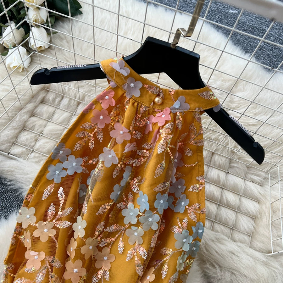 Summer Women's Halter Sleeveless Holiday Dress Luxury Sequins Beading 3D Embroidery Flower Elegant Pearl Belt Party Vestidos