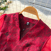 Summer Bohemian Jacquard Flower Long Dress Women V-Neck Short Puff Sleeve Vintage Print Bandage Lace Up Robe Vestidos Clothes