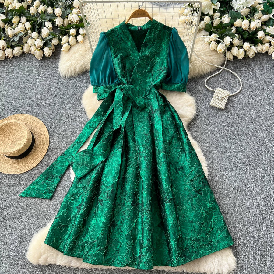 Summer Bohemian Jacquard Flower Long Dress Women V-Neck Short Puff Sleeve Vintage Print Bandage Lace Up Robe Vestidos Clothes