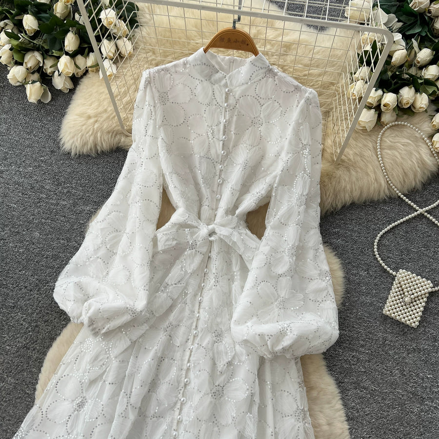Spring Autumn French High-end Women's Dress New Lace Embroidery Glitter Lantern Sleeve Single Breasted Party Birthday Dress