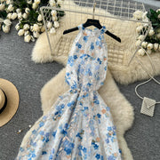 Summer Women's Halter Sleeveless Holiday Dress Luxury Sequins Beading 3D Embroidery Flower Elegant Pearl Belt Party Vestidos