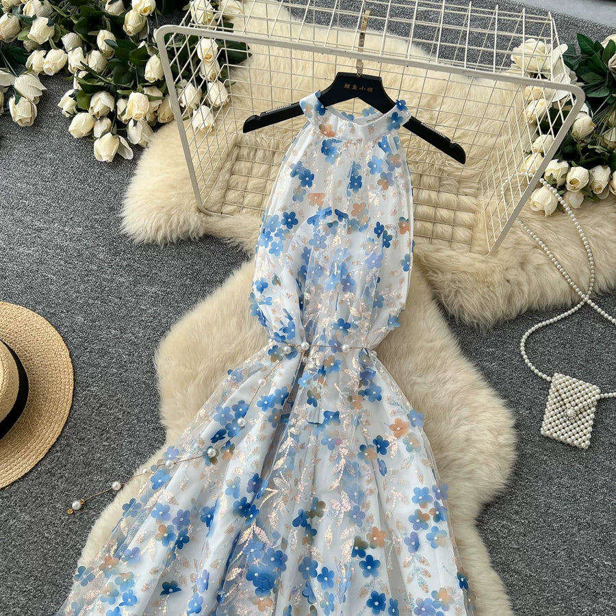 Summer Women's Halter Sleeveless Holiday Dress Luxury Sequins Beading 3D Embroidery Flower Elegant Pearl Belt Party Vestidos