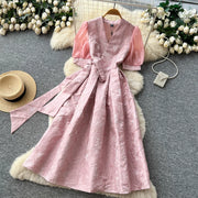 Summer Bohemian Jacquard Flower Long Dress Women V-Neck Short Puff Sleeve Vintage Print Bandage Lace Up Robe Vestidos Clothes