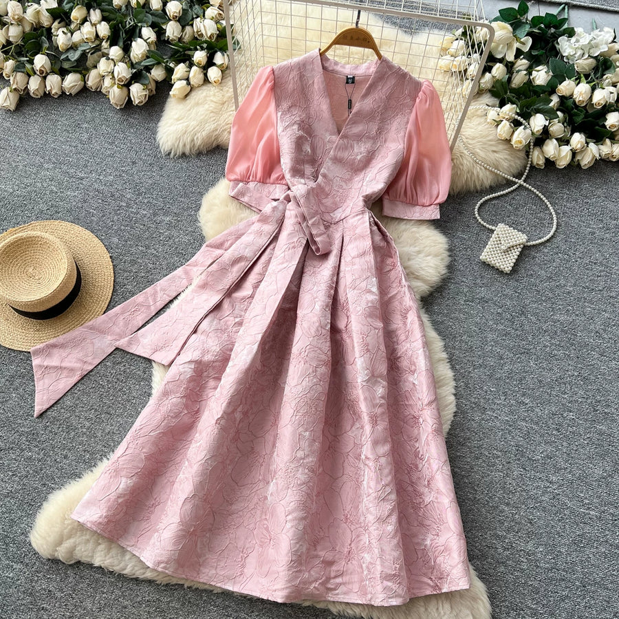 Summer Bohemian Jacquard Flower Long Dress Women V-Neck Short Puff Sleeve Vintage Print Bandage Lace Up Robe Vestidos Clothes