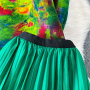 Loose Fit Miyake Style Pleated Matching Suit Women Oversized Bat Sleeve Drawstring Print Tunic + Pleated Wide Leg Pants Set