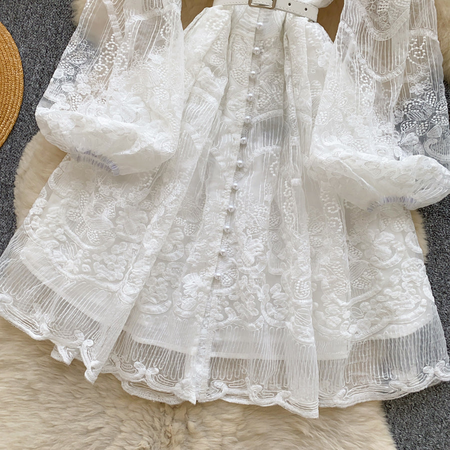 Luxury French White lace dress mesh stitching, pearl buttons, high quality belt White / XL Luxury French White lace dress mesh stitching, pearl buttons, high quality belt White / XL