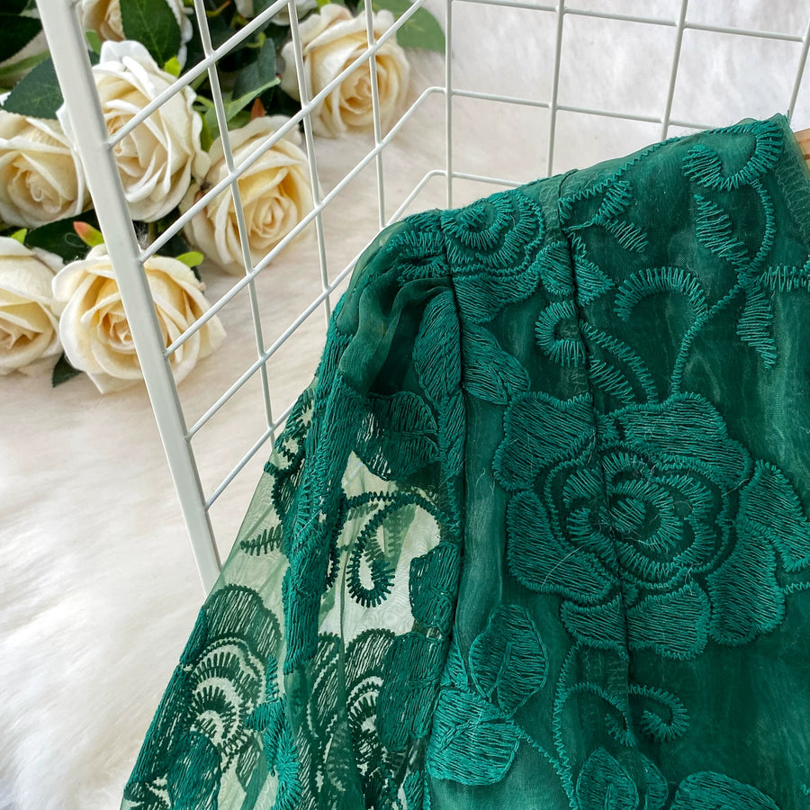 Embroidery Mesh 2 Pieces Set Women Hollow Out Sashes Shirt Tops + Elastic Waist A-Line Long Skirts Suit Autumn Ladies Outfit