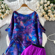Loose Fit Miyake Style Pleated Matching Suit Women Oversized Bat Sleeve Drawstring Print Tunic + Pleated Wide Leg Pants Set
