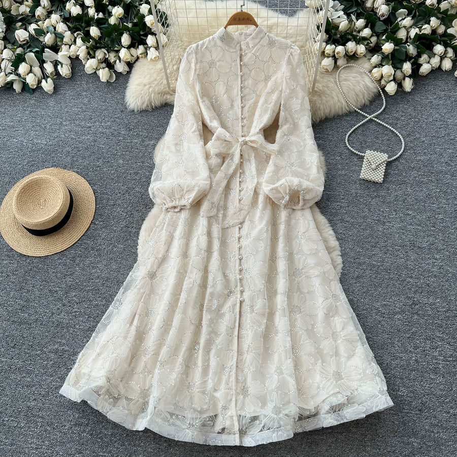 Spring Autumn French High-end Women's Dress New Lace Embroidery Glitter Lantern Sleeve Single Breasted Party Birthday Dress