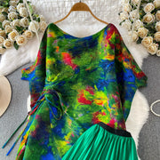 Loose Fit Miyake Style Pleated Matching Suit Women Oversized Bat Sleeve Drawstring Print Tunic + Pleated Wide Leg Pants Set
